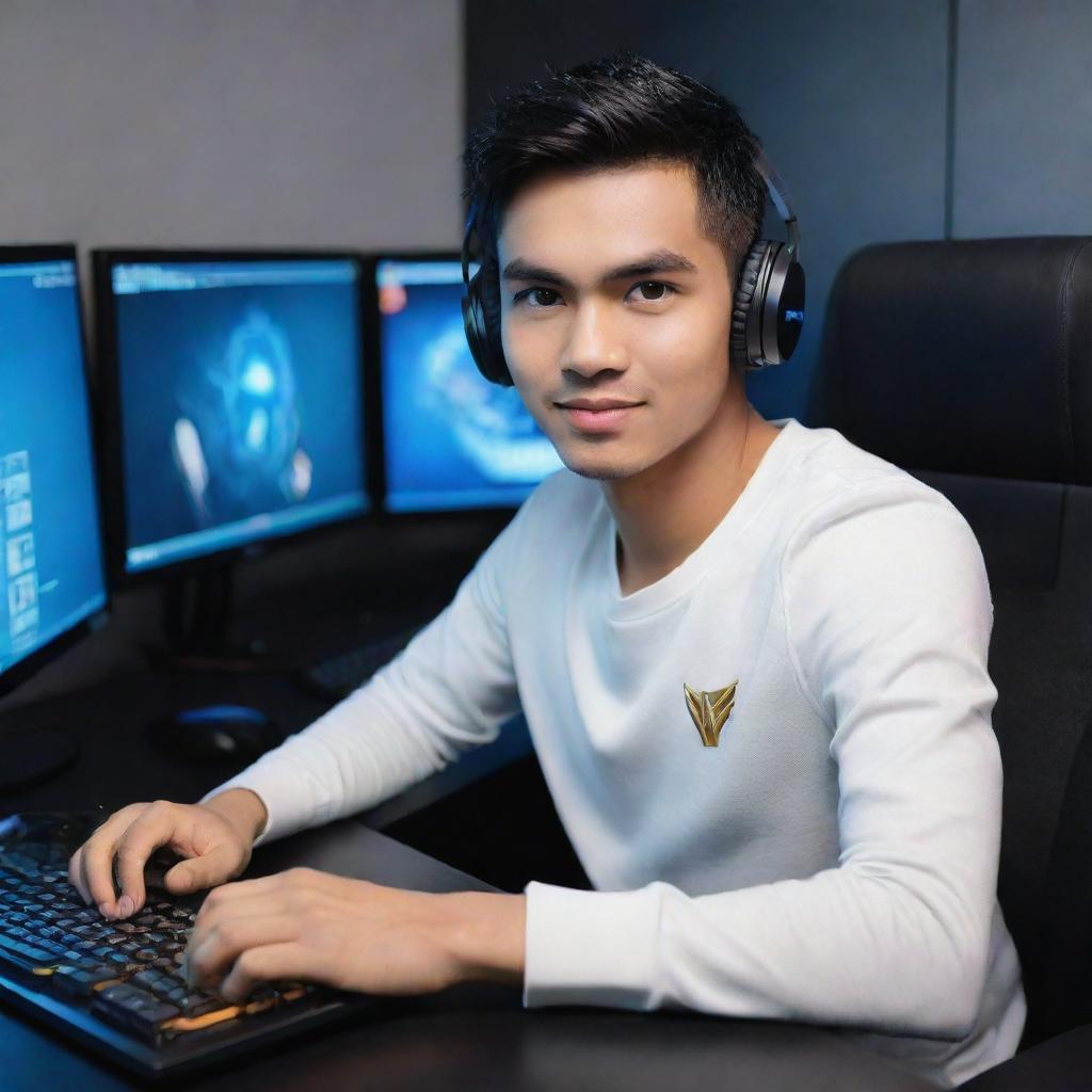 A handsome gaming character named Adam Firmansyah with striking features, immersed in an exciting game on his high-end gaming rig.