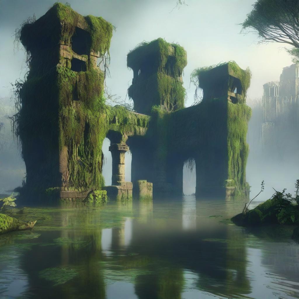 A lost city with strong walls in the middle of a swamp