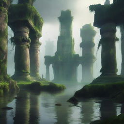 A lost city with strong walls in the middle of a swamp