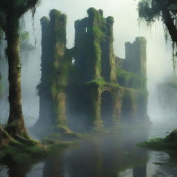 A lost city with strong walls in the middle of a swamp