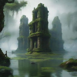 A lost city with strong walls in the middle of a swamp