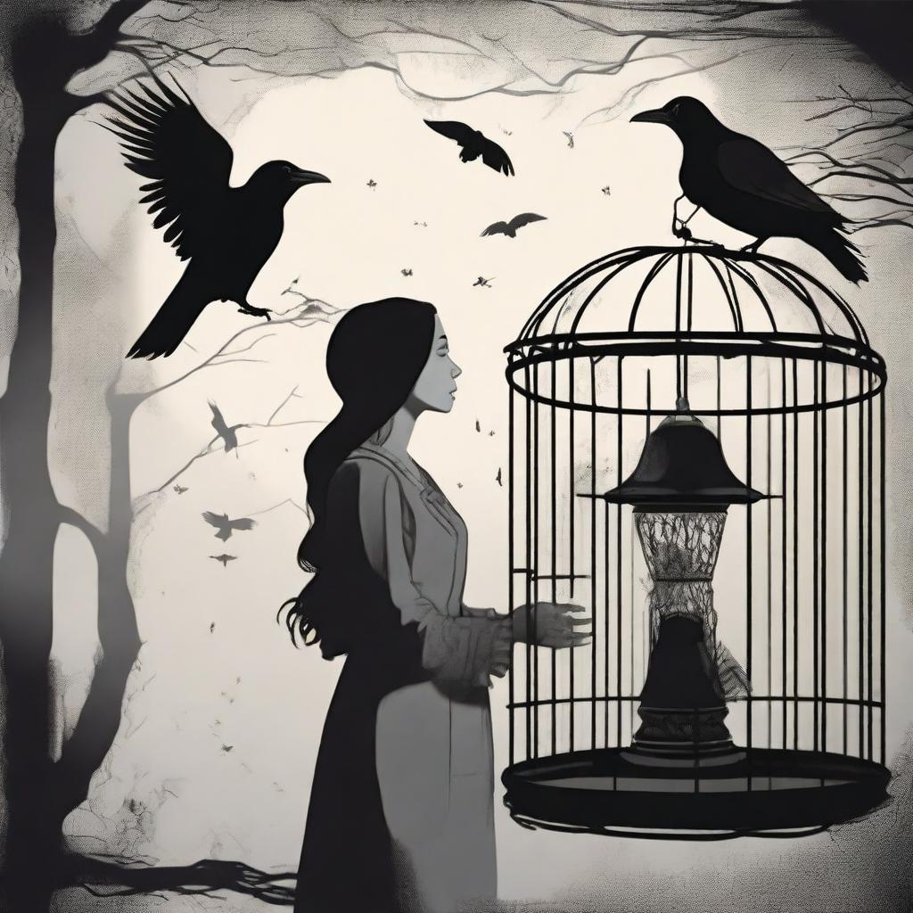 A beautiful woman discovers a raven trapped in a cage