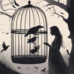 A beautiful woman discovers a raven trapped in a cage