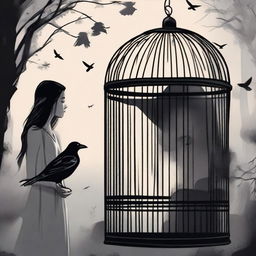 A beautiful woman discovers a raven trapped in a cage