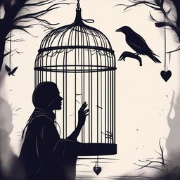 A beautiful woman discovers a raven trapped in a cage