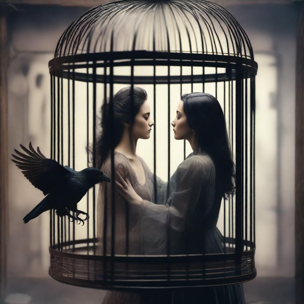 A beautiful woman frees a raven trapped in a cage