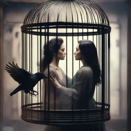 A beautiful woman frees a raven trapped in a cage