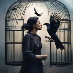 A beautiful woman frees a raven trapped in a cage