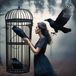 A beautiful woman frees a raven trapped in a cage