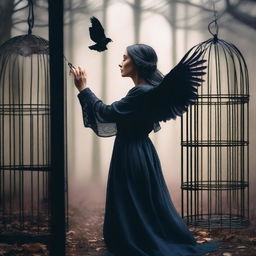 A beautiful woman frees a raven trapped in a cage