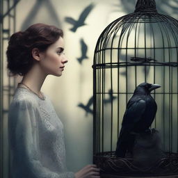 A beautiful woman converses with a raven trapped in a cage