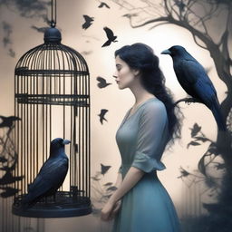 A beautiful woman converses with a raven trapped in a cage