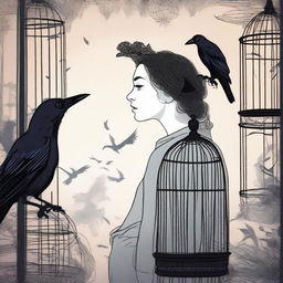 A beautiful woman converses with a raven trapped in a cage