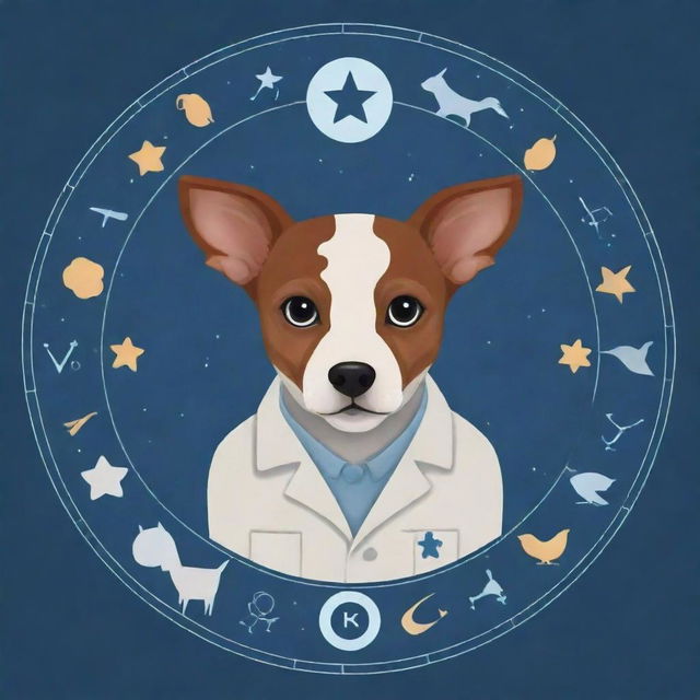 Generate a detailed illustration that integrates elements of a veterinary medicine student and the Gemini zodiac symbol, signifying the user's background and star sign.