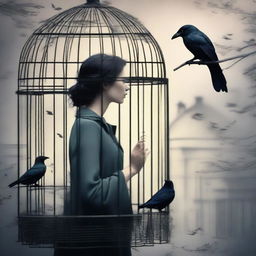 A beautiful woman converses with a raven trapped in a cage