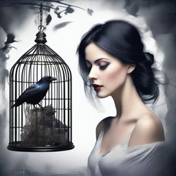 A raven trapped in a cage looks at a beautiful woman