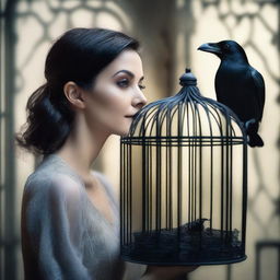 A raven trapped in a cage looks at a beautiful woman