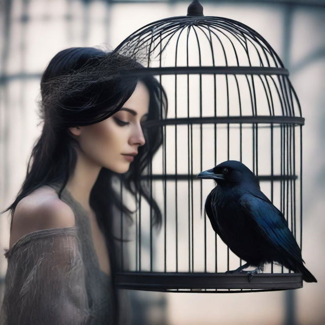 A raven trapped in a cage looks at a beautiful woman