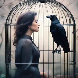 A raven trapped in a cage looks at a beautiful woman