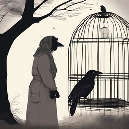 A raven trapped in a cage looks at a farmer's wife