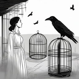 A raven trapped in a cage looks at a farmer's wife