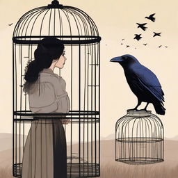 A raven trapped in a cage looks at a farmer's wife