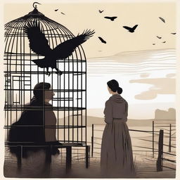 A raven trapped in a cage looks at a farmer's wife