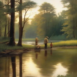 A serene scene at dusk featuring a man, a child, and a dog fishing by a tranquil creek in the forest