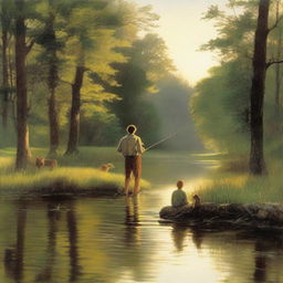 A serene scene at dusk featuring a man, a child, and a dog fishing by a tranquil creek in the forest