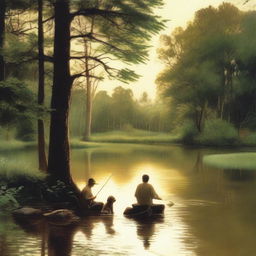 A serene scene at dusk featuring a man, a child, and a dog fishing by a tranquil creek in the forest