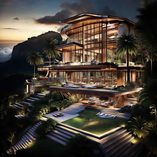 A luxurious home atop a Brazilian mountain, blending modern design with traditional elements, surrounded by manicured lawns and tropical plants. The house glows warmly against the sunset, offering panoramic views through its glass walls.