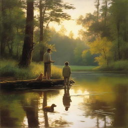 A serene scene at dusk featuring a man, a child, and a dog fishing by a tranquil creek in the forest