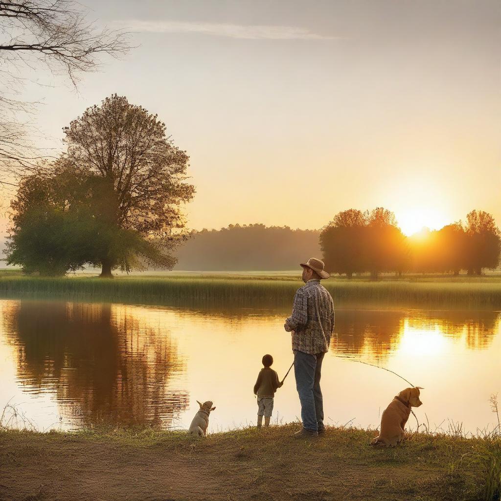 A serene scene at a farm during sunset, featuring a man, a child, and a dog fishing by a picturesque pond