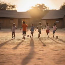 A group of children playing soccer on a dirt field in a city at sunset