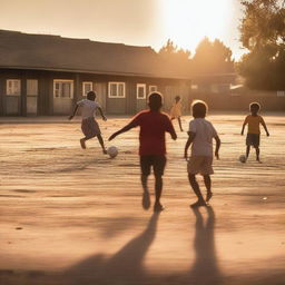 A group of children playing soccer on a dirt field in a city at sunset