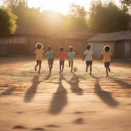 A group of children playing soccer on a dirt field in a city at sunset