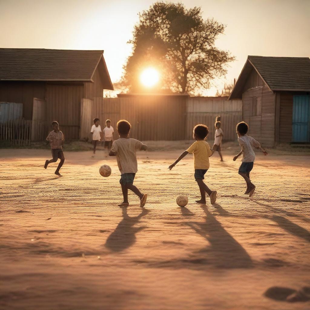 A group of children playing soccer on a dirt field in a city at sunset