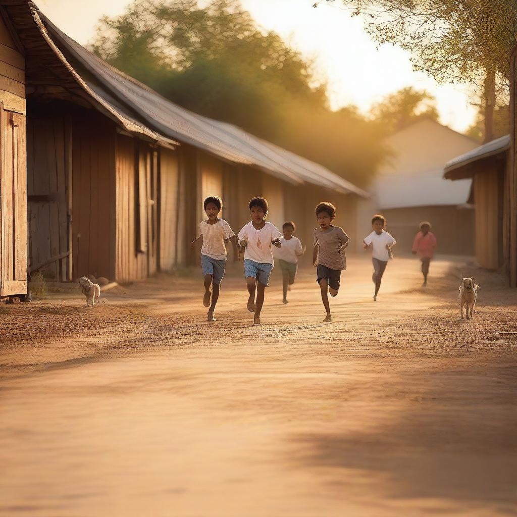 A group of children playing soccer on a dirt road in a city at sunset