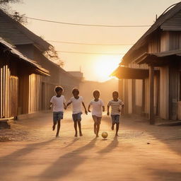 A group of children playing soccer on a dirt road in a city at sunset