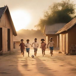 A group of children playing soccer on a dirt road in a city at sunset