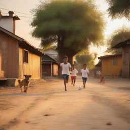 A group of children playing soccer on a dirt road in a city at sunset