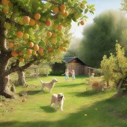 A picturesque backyard orchard on a countryside farm, filled with various fruit trees