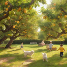 A picturesque backyard orchard on a countryside farm, filled with various fruit trees