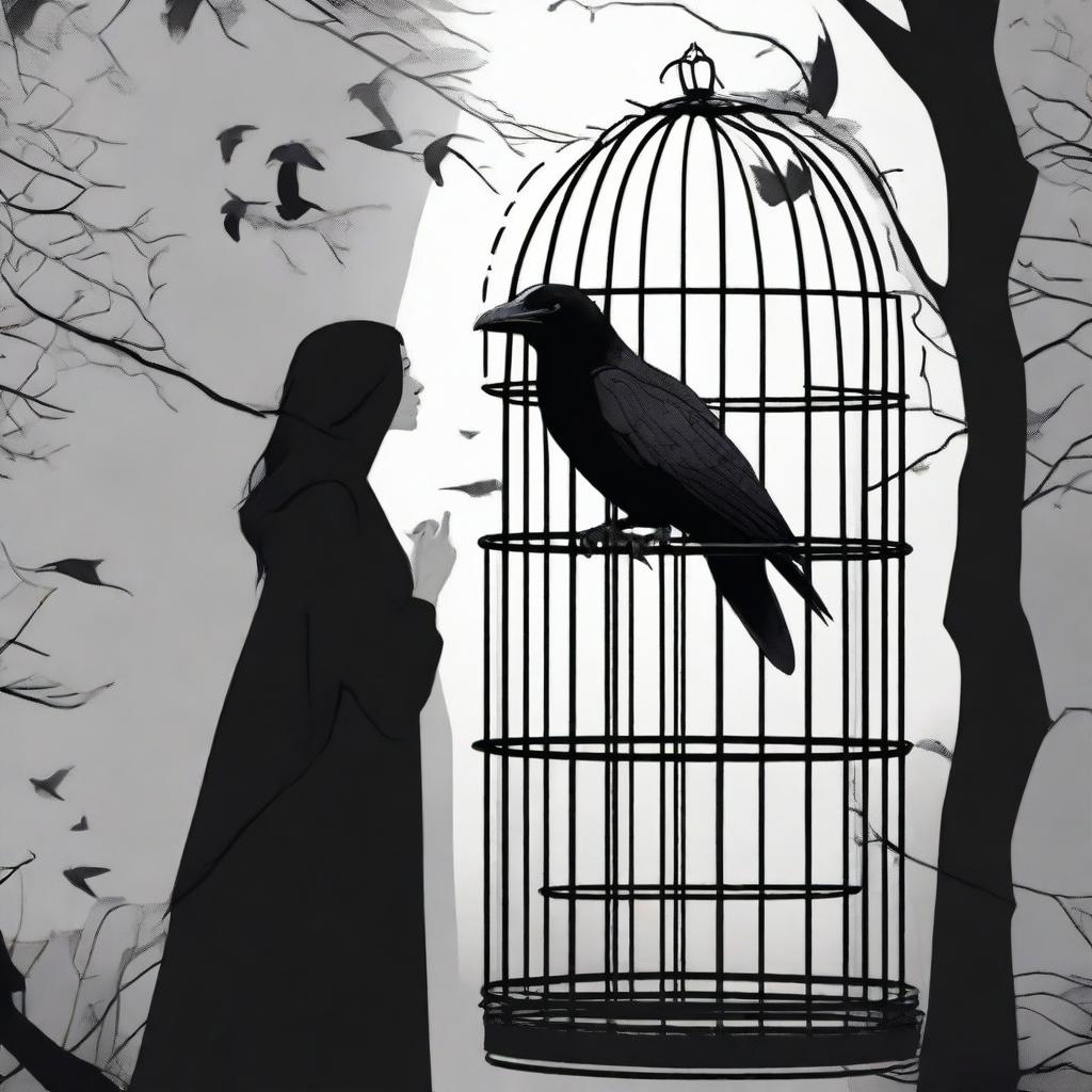 A raven is trapped in a cage, and nearby stands a beautiful woman who appears to be an unfaithful lover