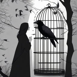 A raven is trapped in a cage, and nearby stands a beautiful woman who appears to be an unfaithful lover