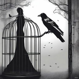 A raven is trapped in a cage, and nearby stands a beautiful woman who appears to be an unfaithful lover