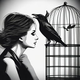 A raven is trapped in a cage, and nearby stands a beautiful woman who appears to be an unfaithful lover