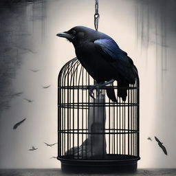 A raven is trapped in a cage, and nearby stands a beautiful woman who appears to be an unfaithful lover