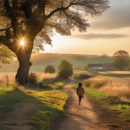 A tranquil rural path leading to a small countryside school at dusk