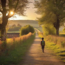 A tranquil rural path leading to a small countryside school at dusk